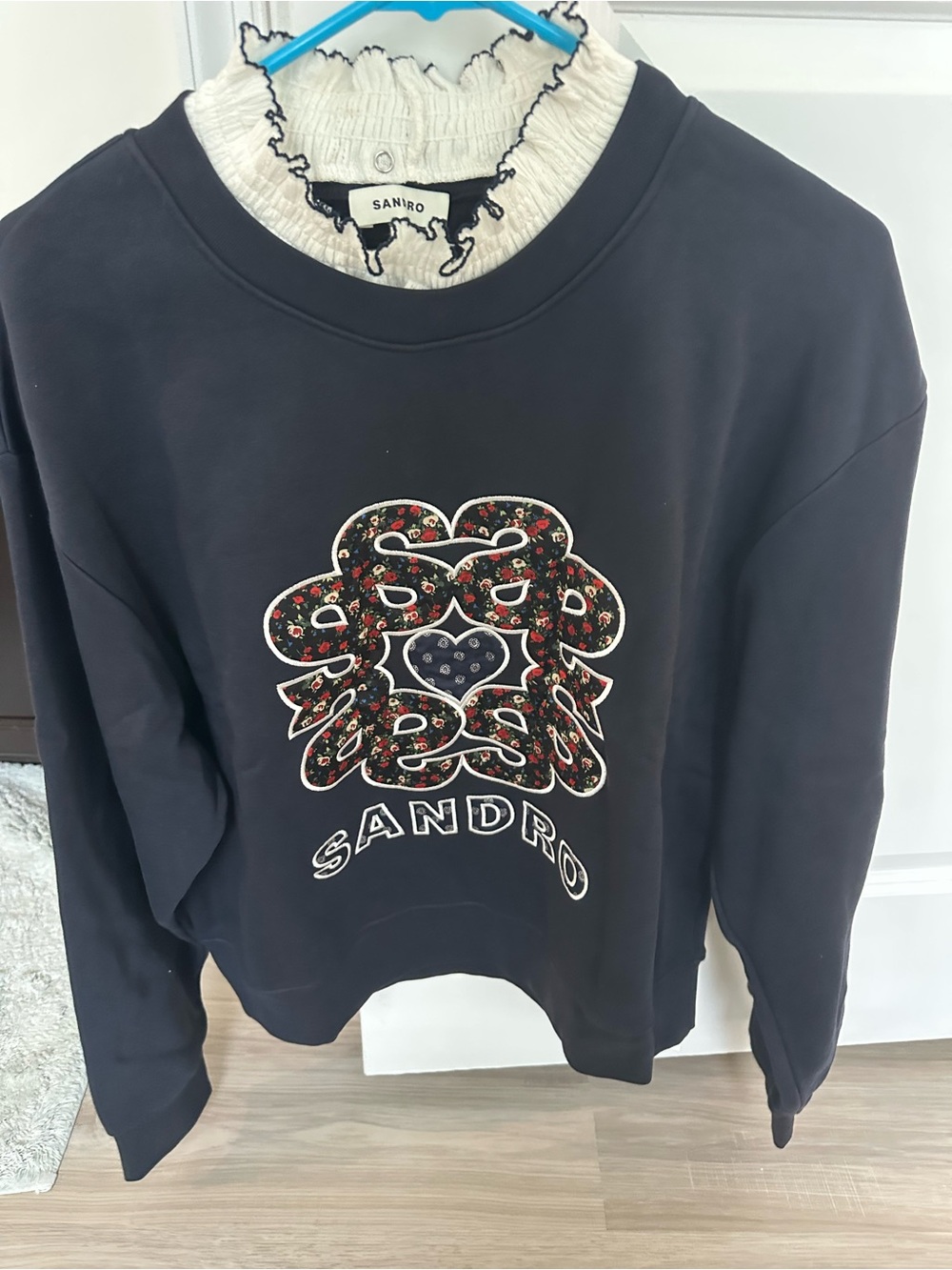 Sandro Black Crewneck Sweatshirt with Floral Logo Patch